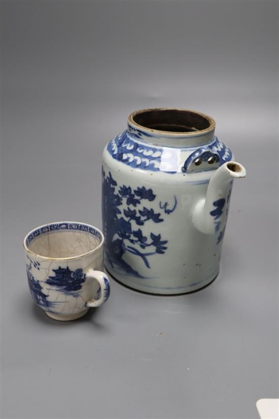 A 19th century Chinese blue and white teapot and a blue and white cup, height 14cm